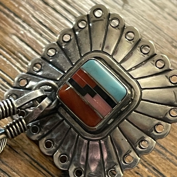 Vintage QT Sterling Inlaid Turquoise Multi Gemstone Earrings Southwestern - Picture 7 of 11